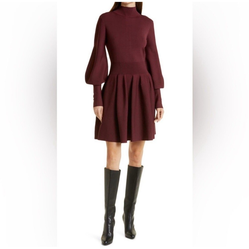 Ted Baker Naydine Balloon Sleeve Fitted Skater Dress In Merlot Sz 8 New (Sm Snag - Picture 11 of 12